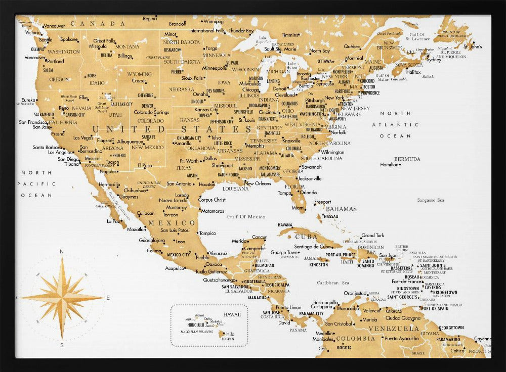 Golden map of USA and Mexico Poster