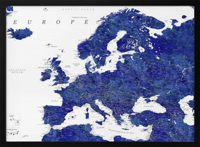 Navy blue detailed map of Europe Poster