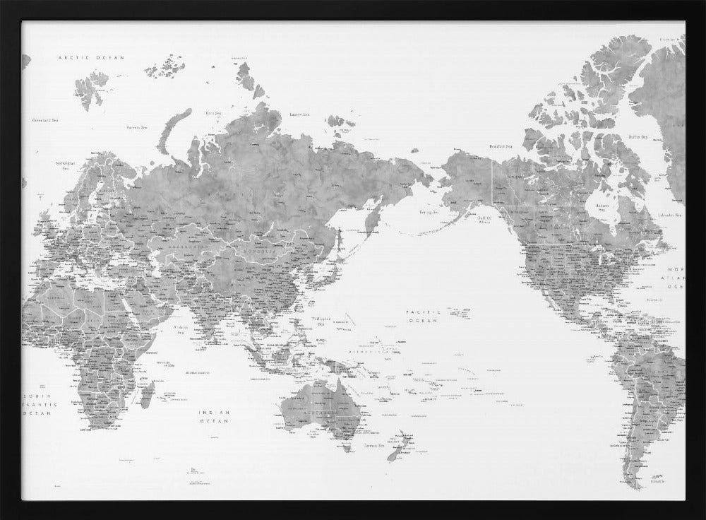 Pacific centered world map in gray watercolor Poster