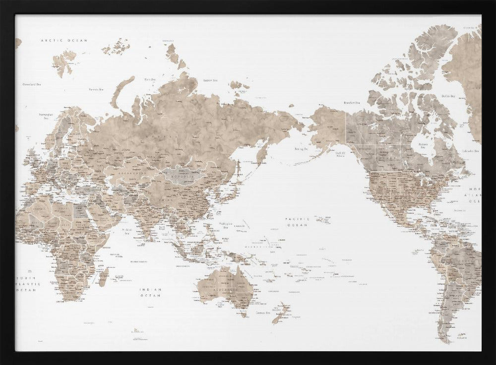 Pacific centered world map in taupe Poster