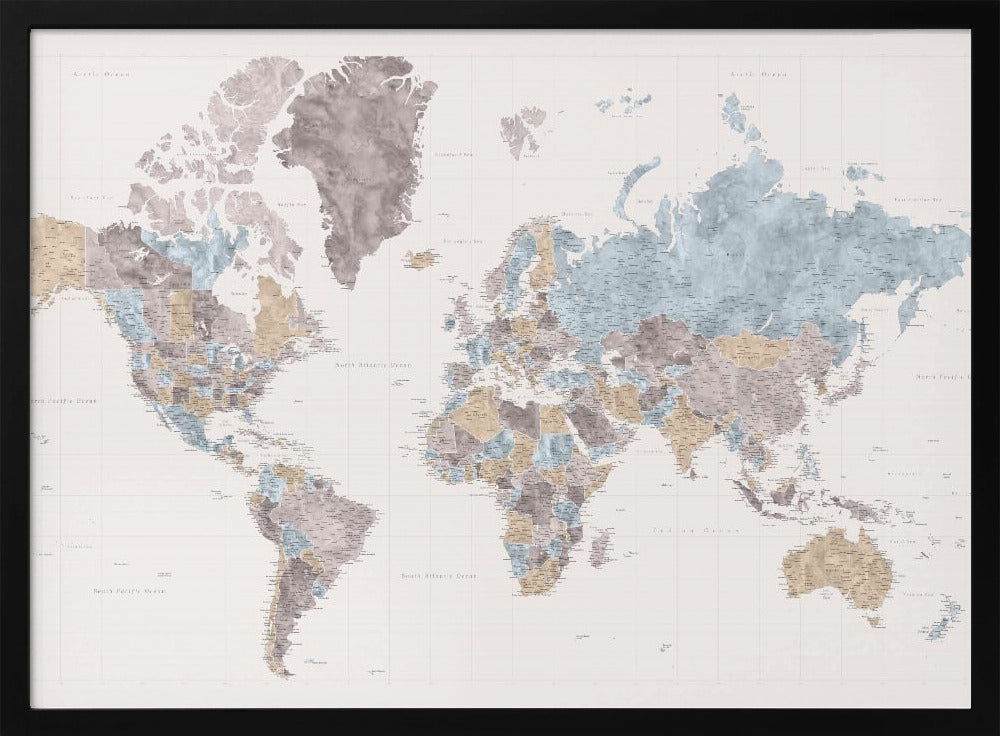 Mahler highly detailed world map with cities Poster