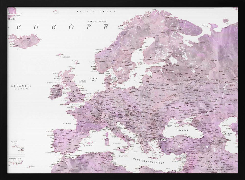 Purple detailed map of Europe Poster