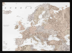 Taupe detailed map of Europe Poster