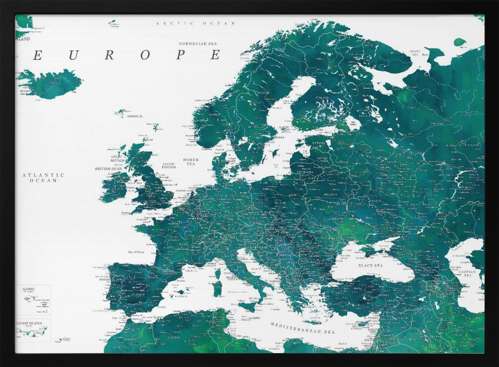 Teal detailed map of Europe Poster