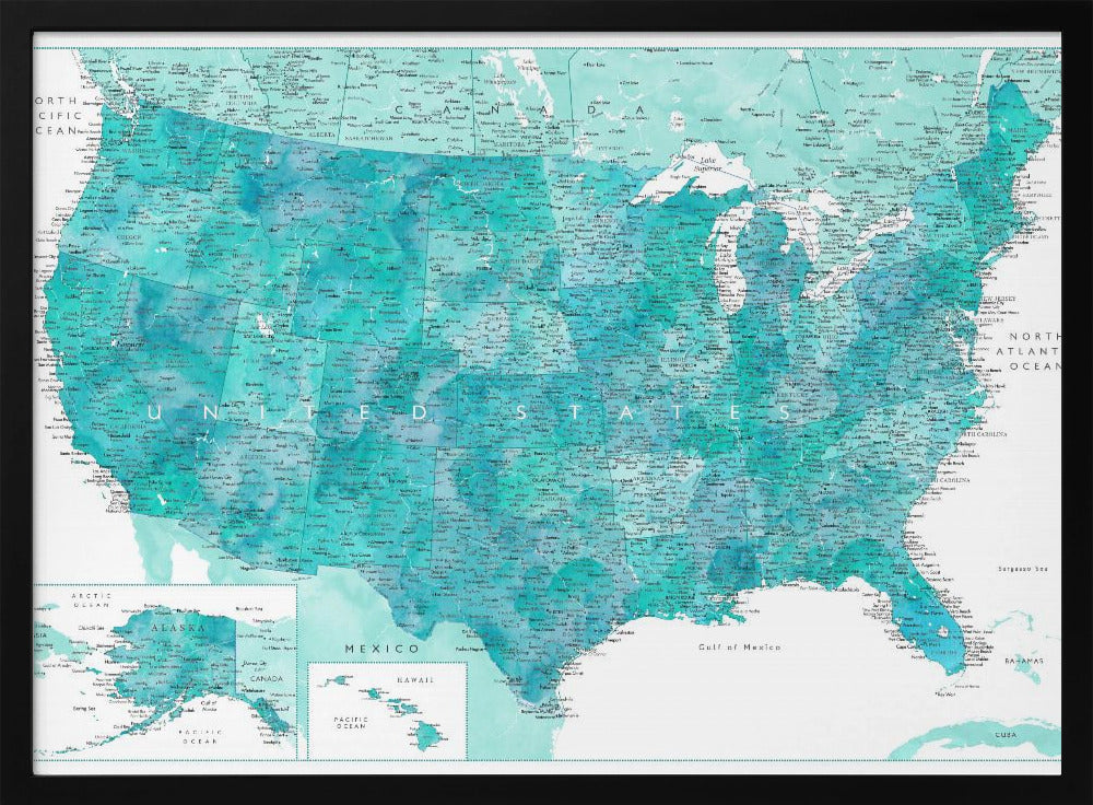 Highly detailed map of the United States, Caribbean waters Poster