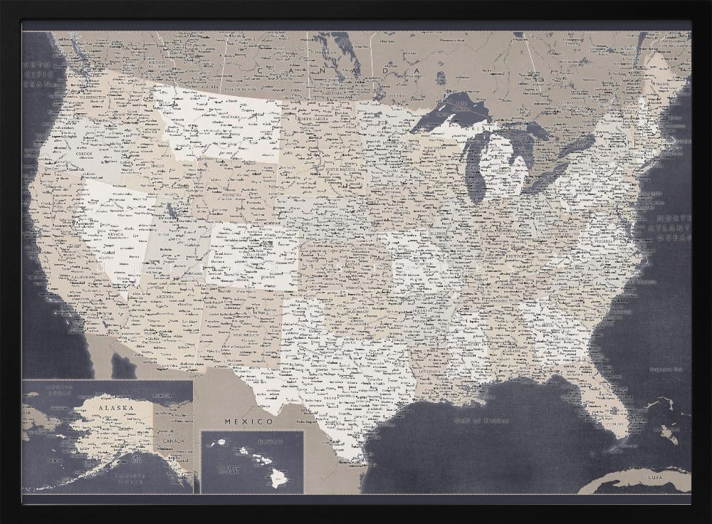 Highly detailed map of the United States, Glyn Poster