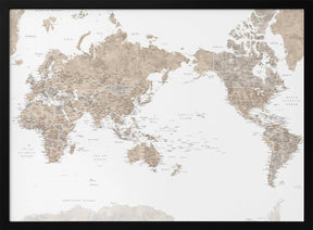 Pacific-centered world map with cities, Abey Poster