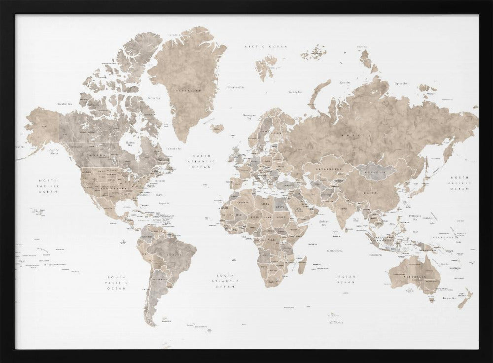 Watercolor world map with countries, Abey Poster