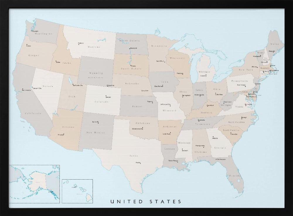 Isolated map of the United States with States and State capitals Poster