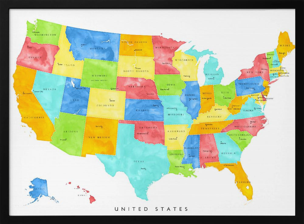 Colorful map of the United States with States and State capitals Poster