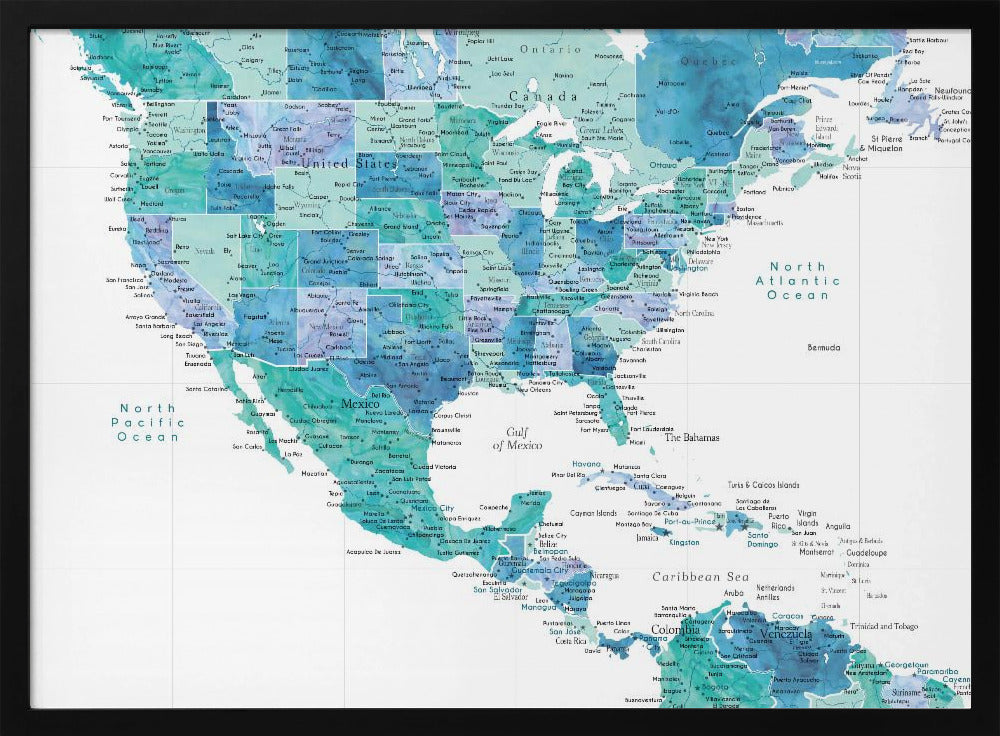 Aqua map of the United States and the Caribbean sea Poster