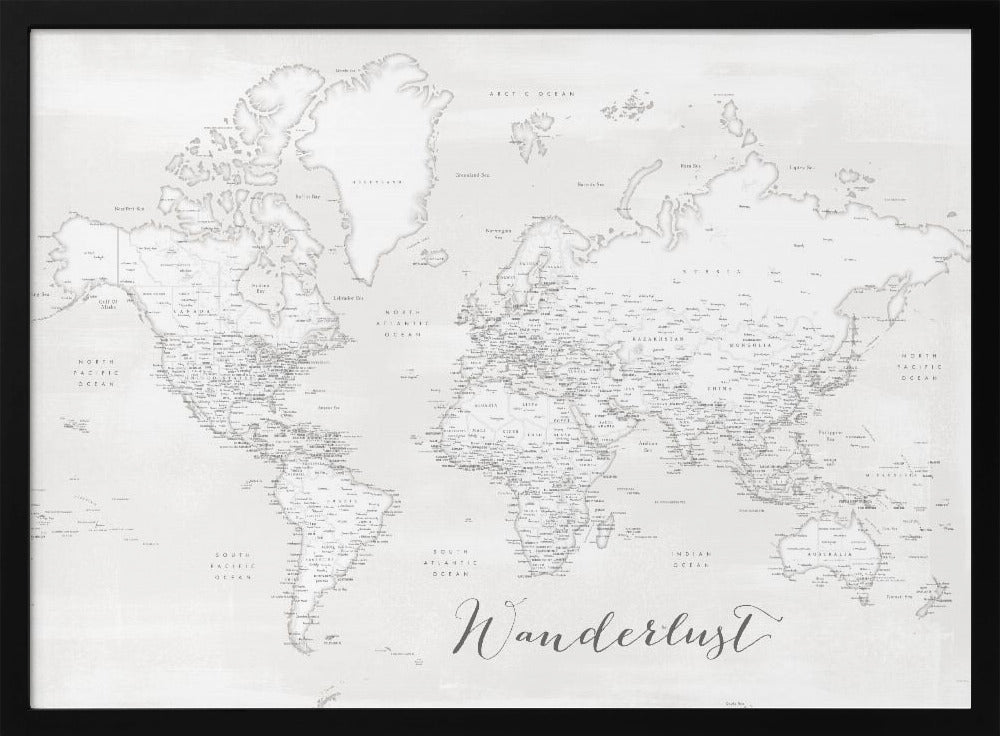 Wanderlust, detailed world map with cities, Maeli white Poster