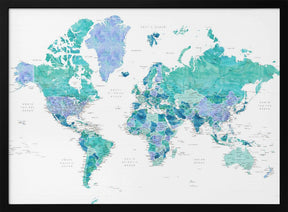 Detailed world map with cities, Caribbean waters Poster