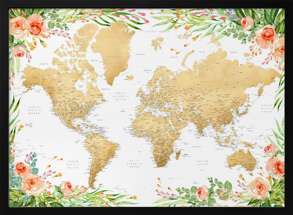 Floral bohemian world map with cities, Blythe Poster