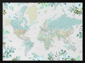 Detailed world map with cities and florals, Marie Poster