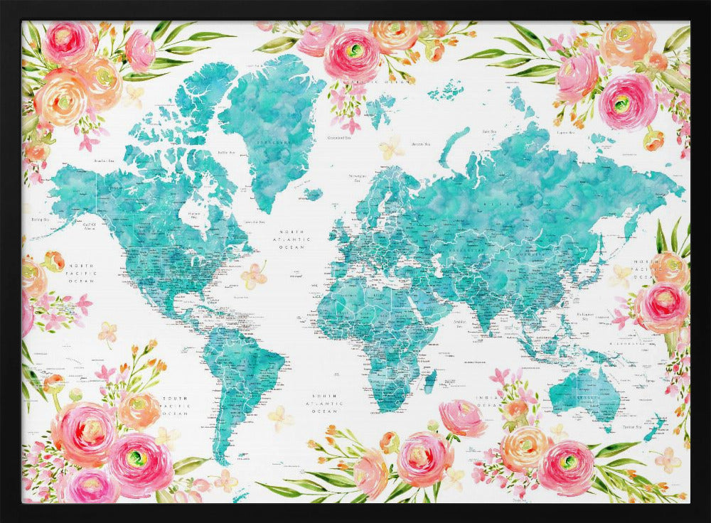 Detailed floral world map with cities, Haven Poster