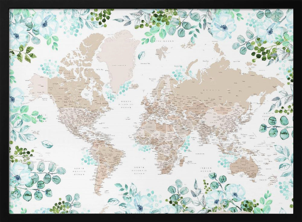 Detailed floral world map with cities, Leanne Poster