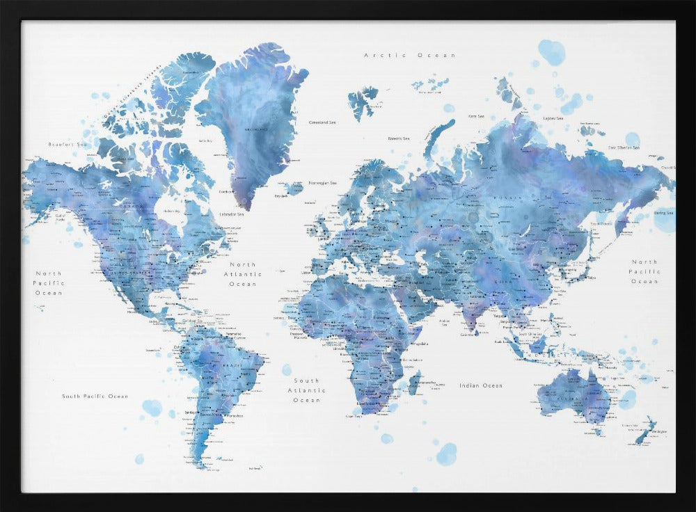 Blue watercolor world map with cities, Simeon Poster