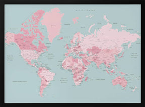 Pink and aqua world map with cities, Isobel Poster