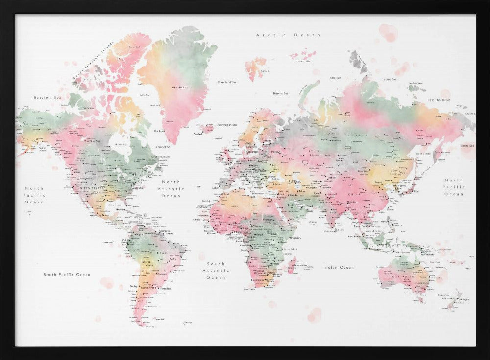 Pastel watercolor world map with cities, Anjah Poster