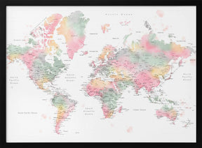 Pastel watercolor world map with cities, Anjah Poster