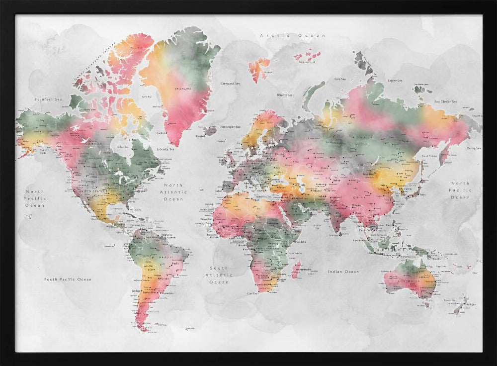 Watercolor world map with cities, Zadie Poster