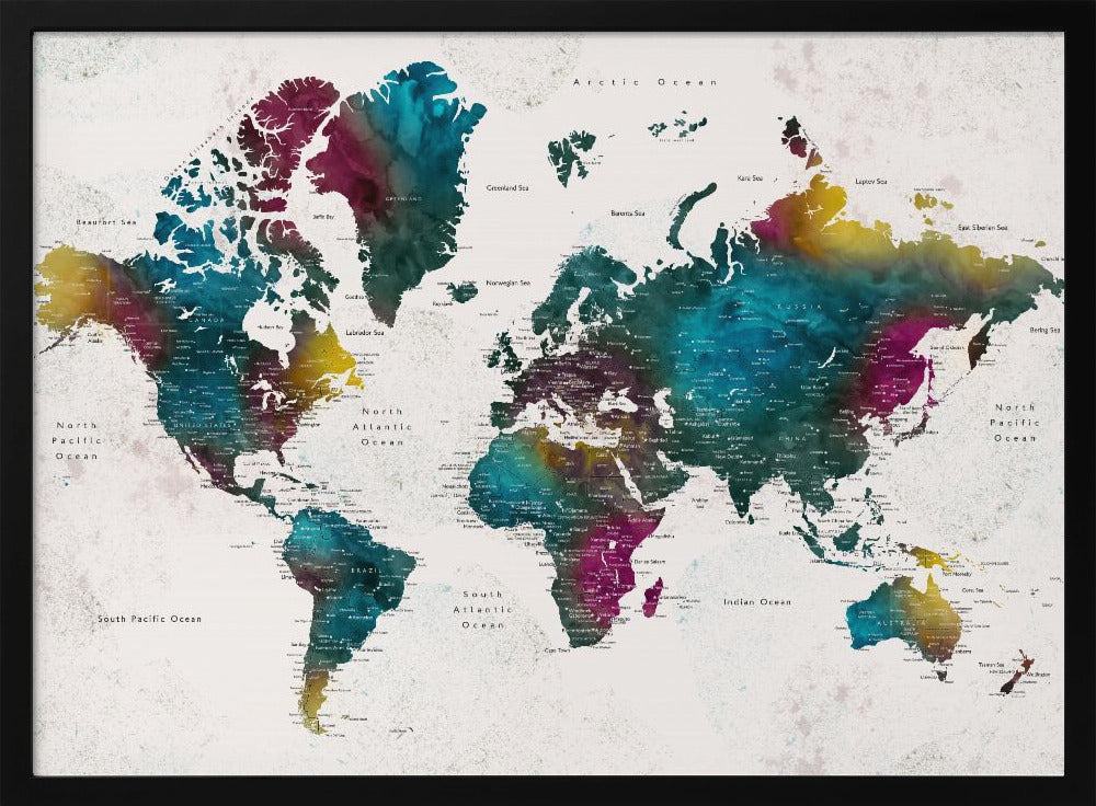 Watercolor world map with cities, Charleena Poster