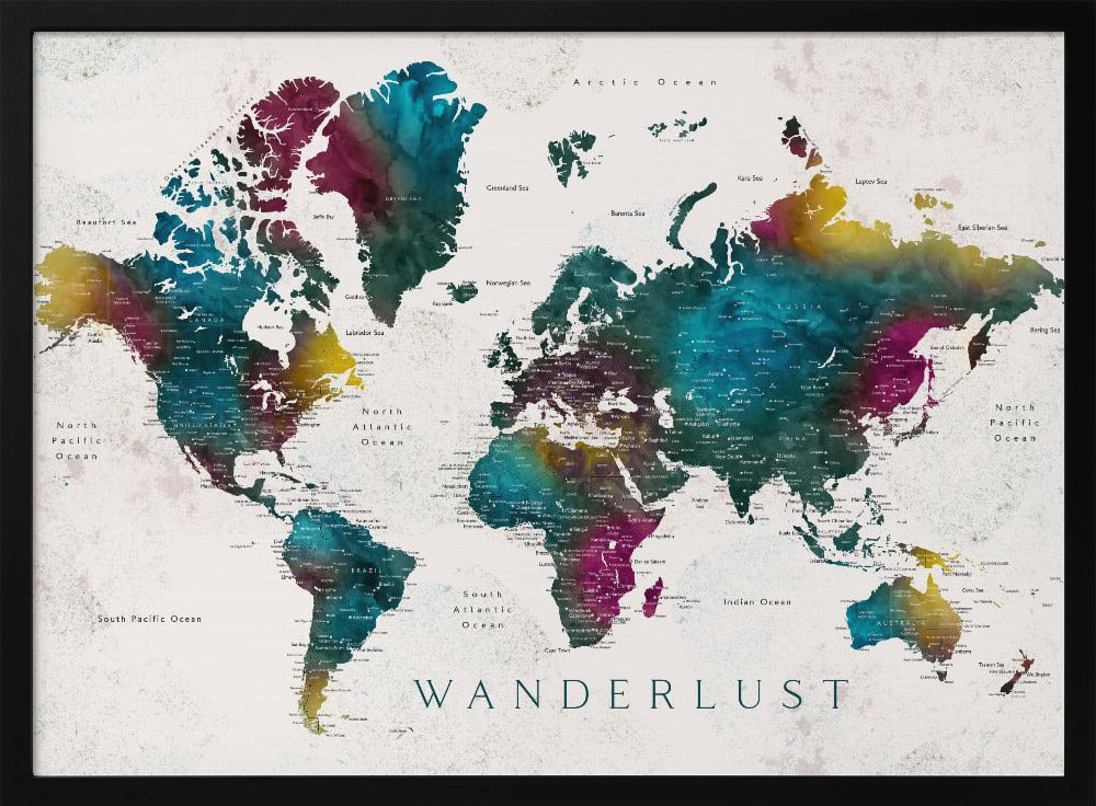 Charleena world map with cities, Wanderlust Poster