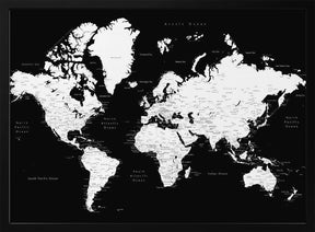 Black and white world map with cities, Connie Poster