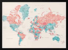 Watercolor world map with cities, Charlotte Poster