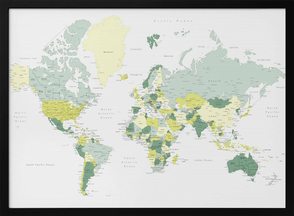 Green world map with cities, Kapueo Poster