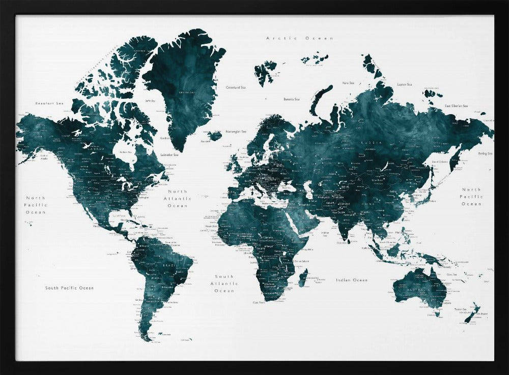 Dark teal world map with cities, Makani Poster