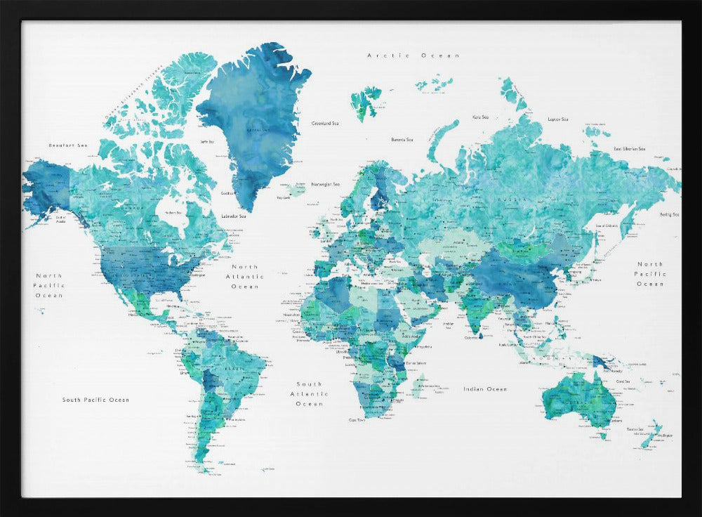 Watercolor world map with cities, Uzziel Poster