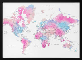 Watercolor world map with cities, Keahi Poster