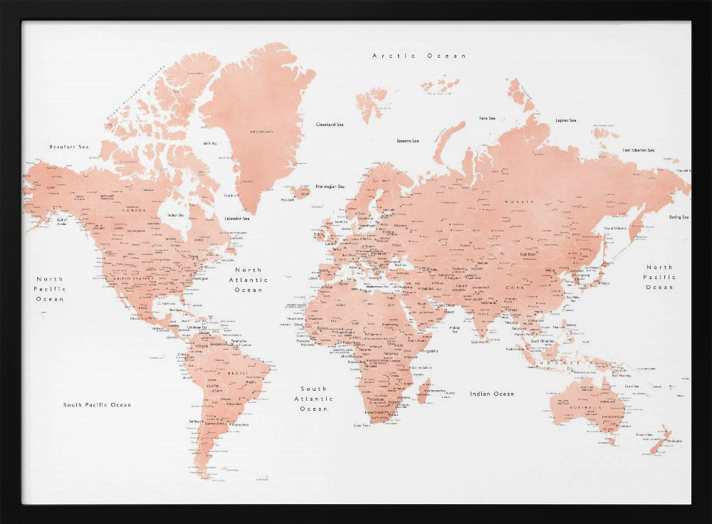 Rose gold world map with cities, Hadi Poster