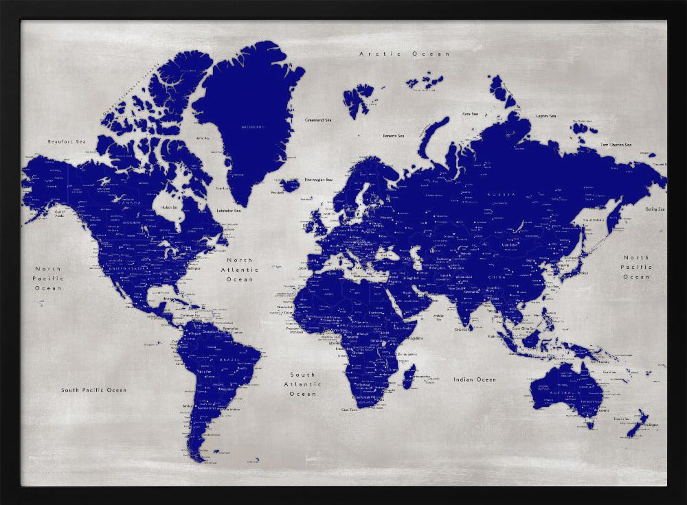 Distressed world map with cities, Delaney Poster