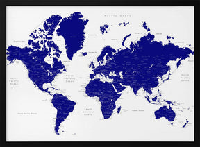 Navy blue world map with cities, Nevin Poster