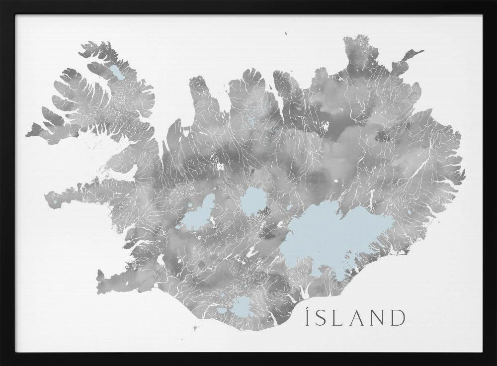 Ísland - Iceland blank map in gray watercolor Poster