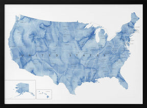 Blue watercolor map of the USA with states and state capitals Poster