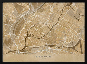 Sepia vintage map of Strasbourg downtown France Poster