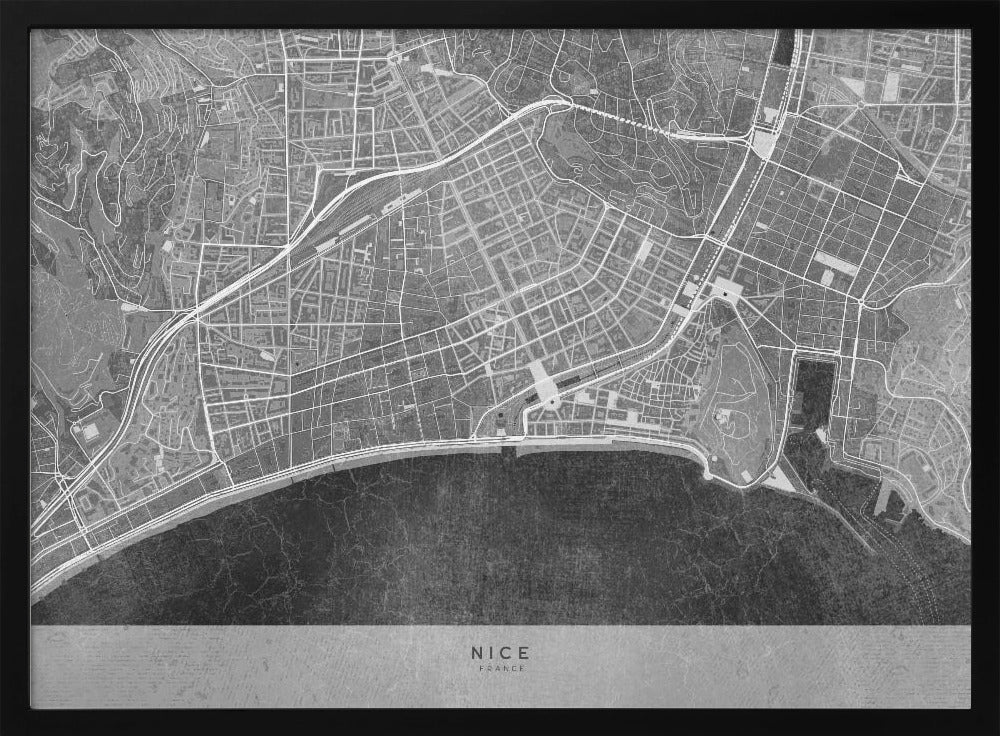 Gray vintage map of Nice downtown France Poster