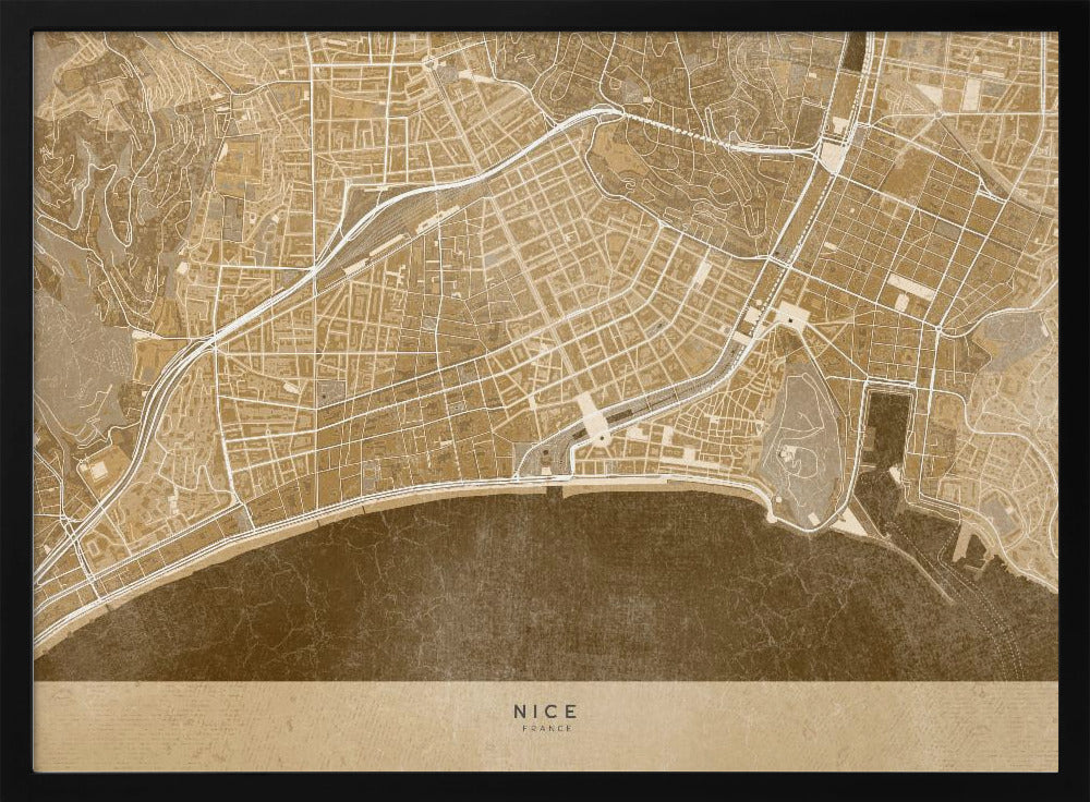 Sepia vintage map of Nice downtown France Poster