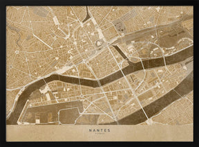 Sepia vintage map of Nantes downtown France Poster