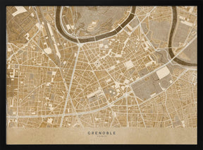 Sepia vintage map of Grenoble downtown France Poster