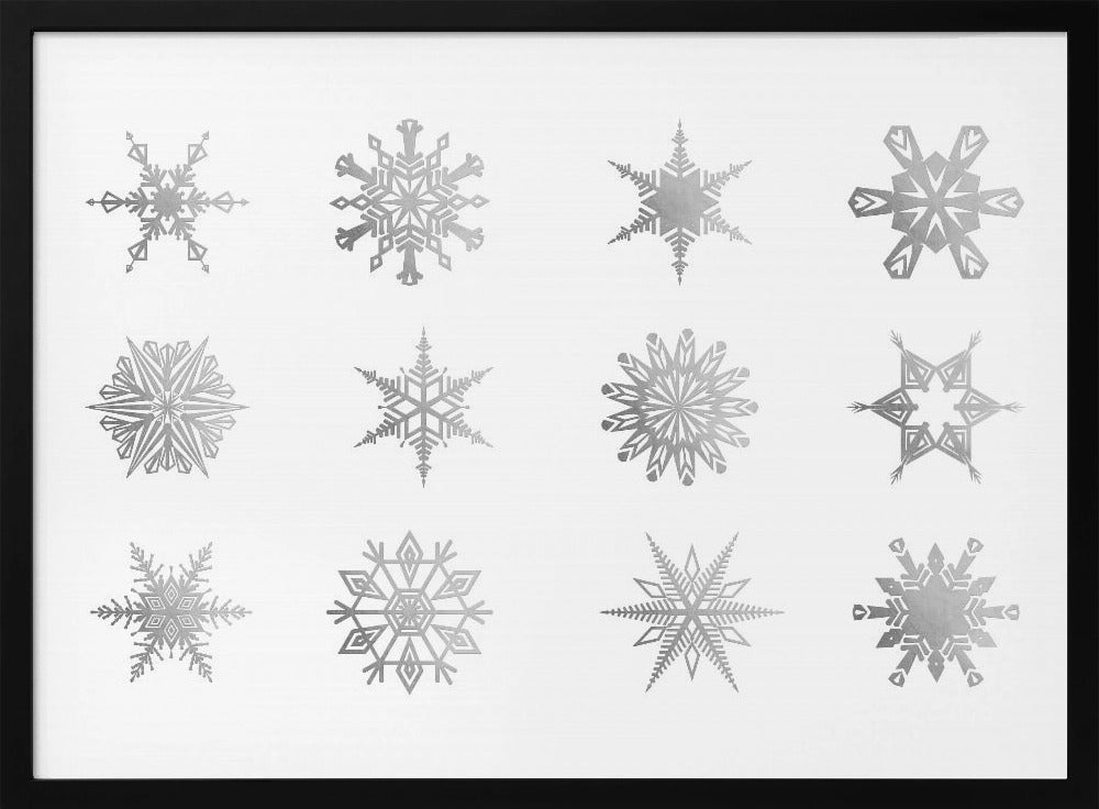 Twelve geometric snowflakes in gray Poster