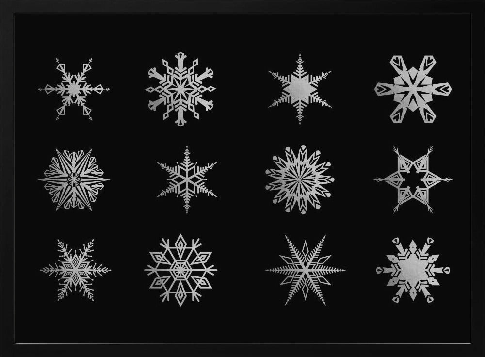 Twelve geometric snowflakes in black Poster