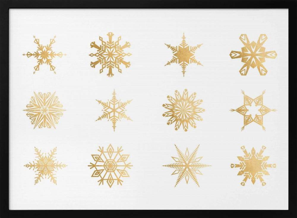 Twelve geometric snowflakes in gold Poster