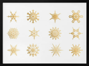 Twelve geometric snowflakes in gold Poster