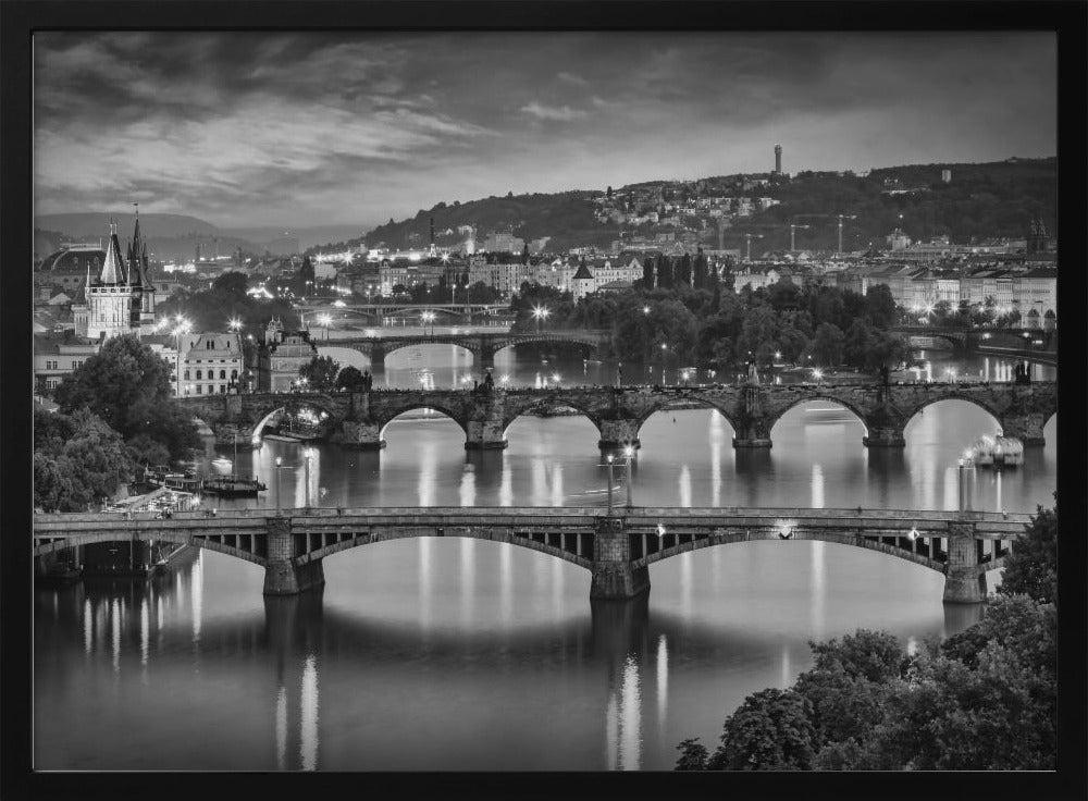 Evening view over the Vltava bridges in Prague - Monochrome Poster