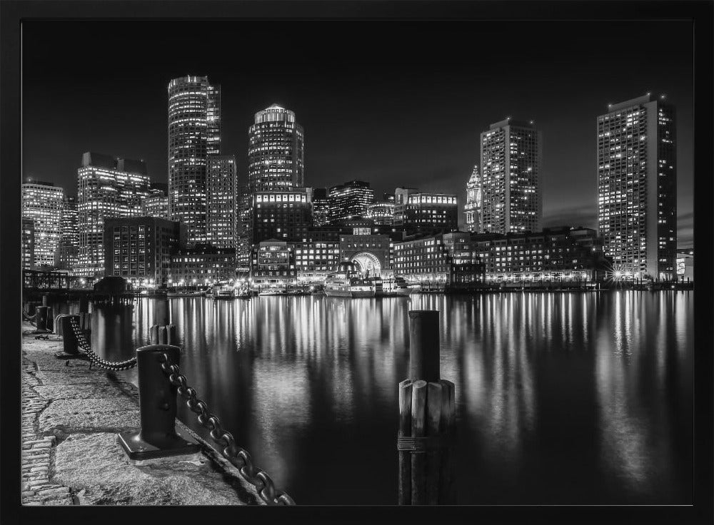 BOSTON Fan Pier Park &amp; Skyline at night - monochrome Poster